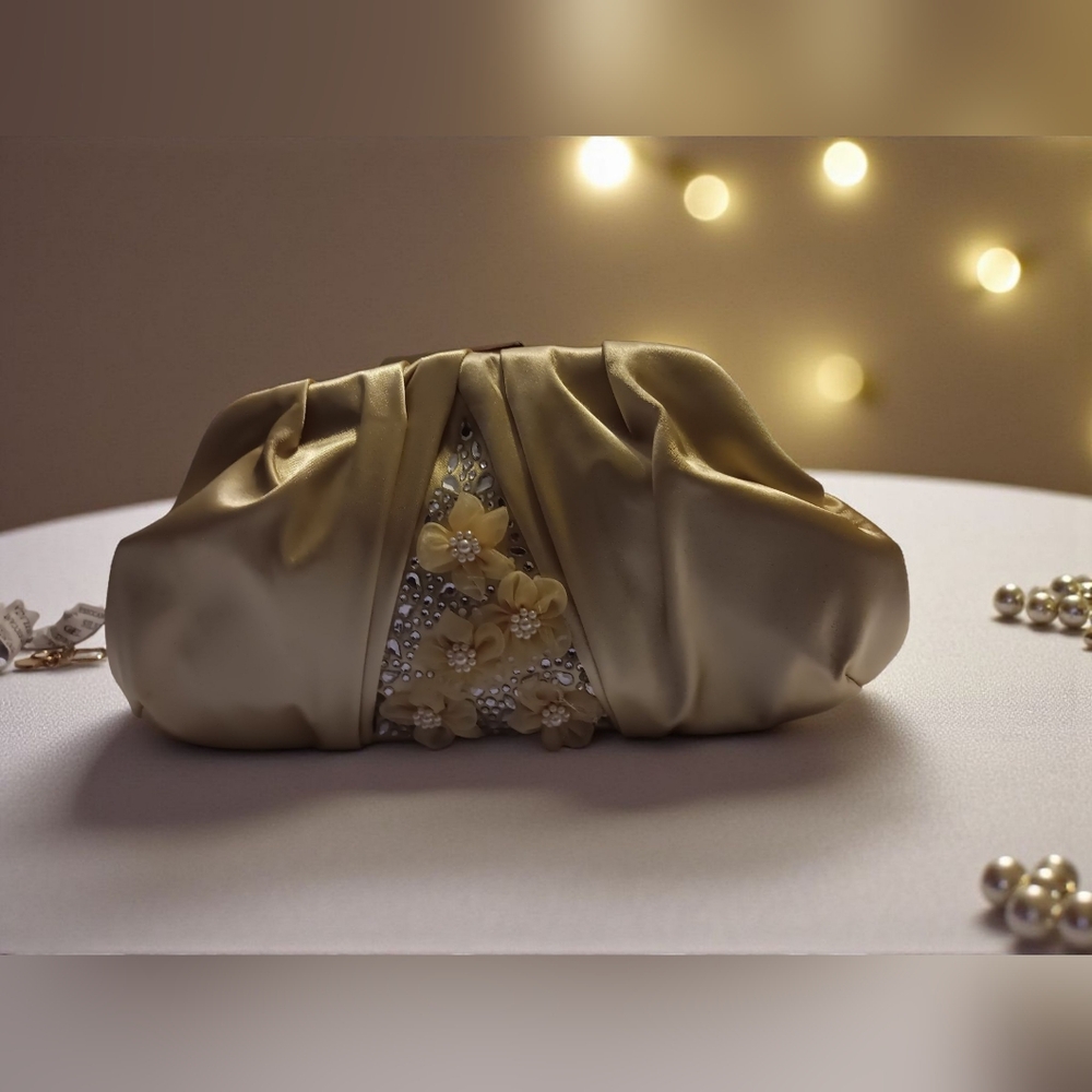 Badgley Mischka Gold Satin Clutch with Floral Embellishments